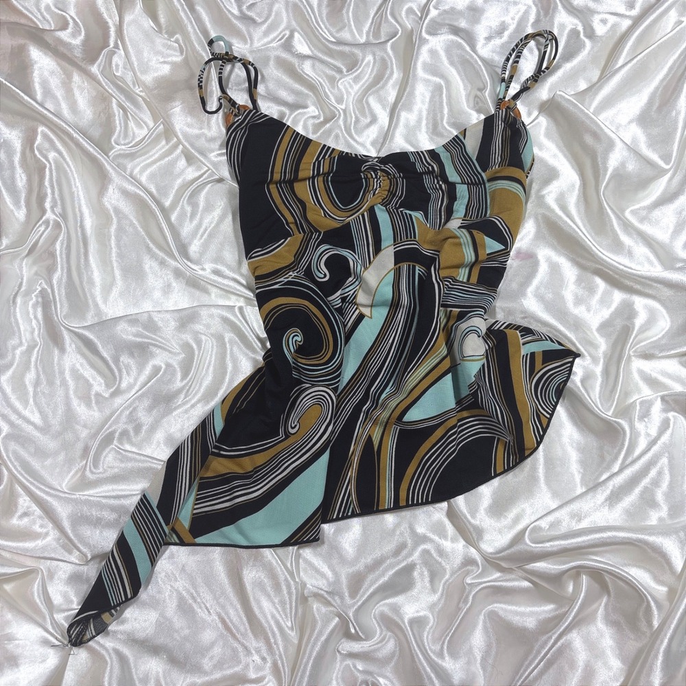 y2k Cami Top Black Tan Blue Excellent Abstract Swirl Asymmetrical Anna